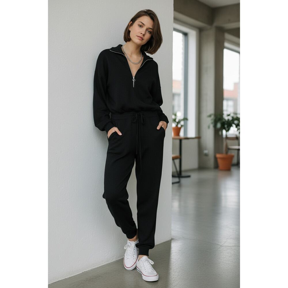 CARACILIA Hooded Jumpsuit Black Front Zip Elastic Waist Jogger Ankles Black - S